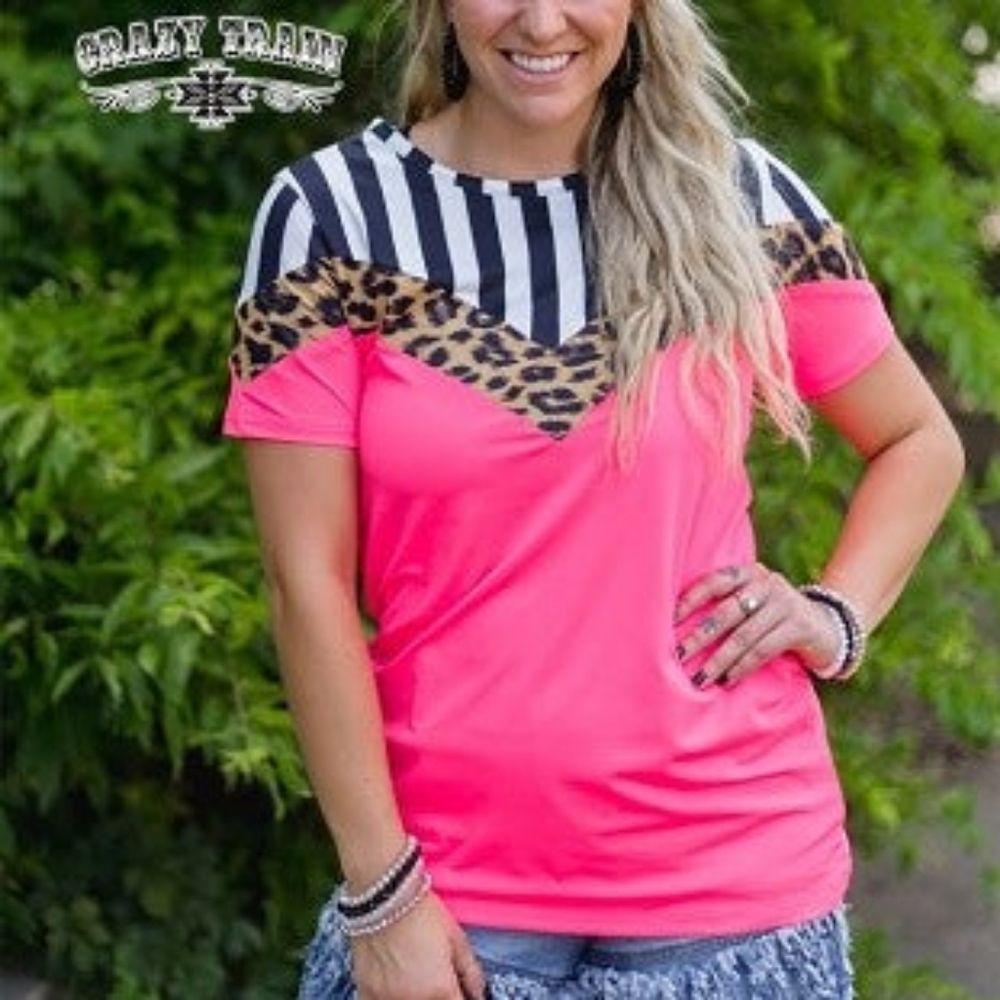 Crazy Train Street Stripe Top Women's XL Leopard Print Neon Pink Color Block